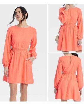 Universal Thread Coral Long Sleeve Dress Linen Polyester Balloon sleeves Small